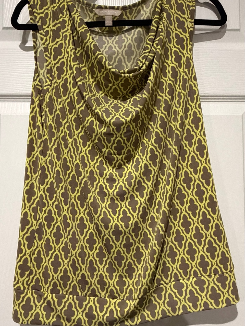 Banana Republic Sleeveless Cowl Neck Top in Lime and Brown Geometric Print
